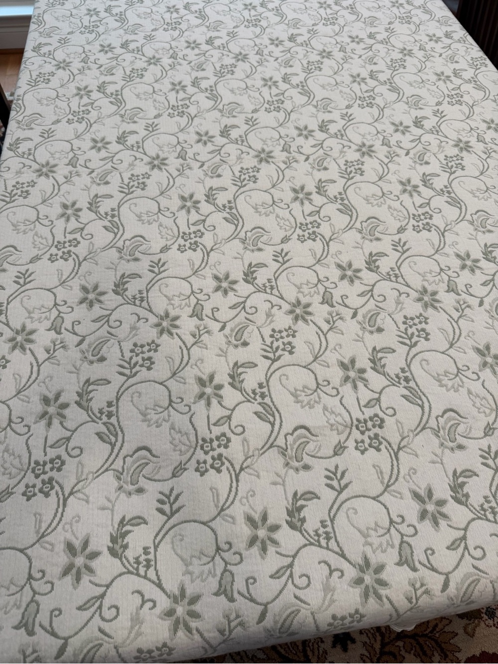Floral Vine Jacquard Tablecloth sage green white reversible 83” x64” cotton blnd